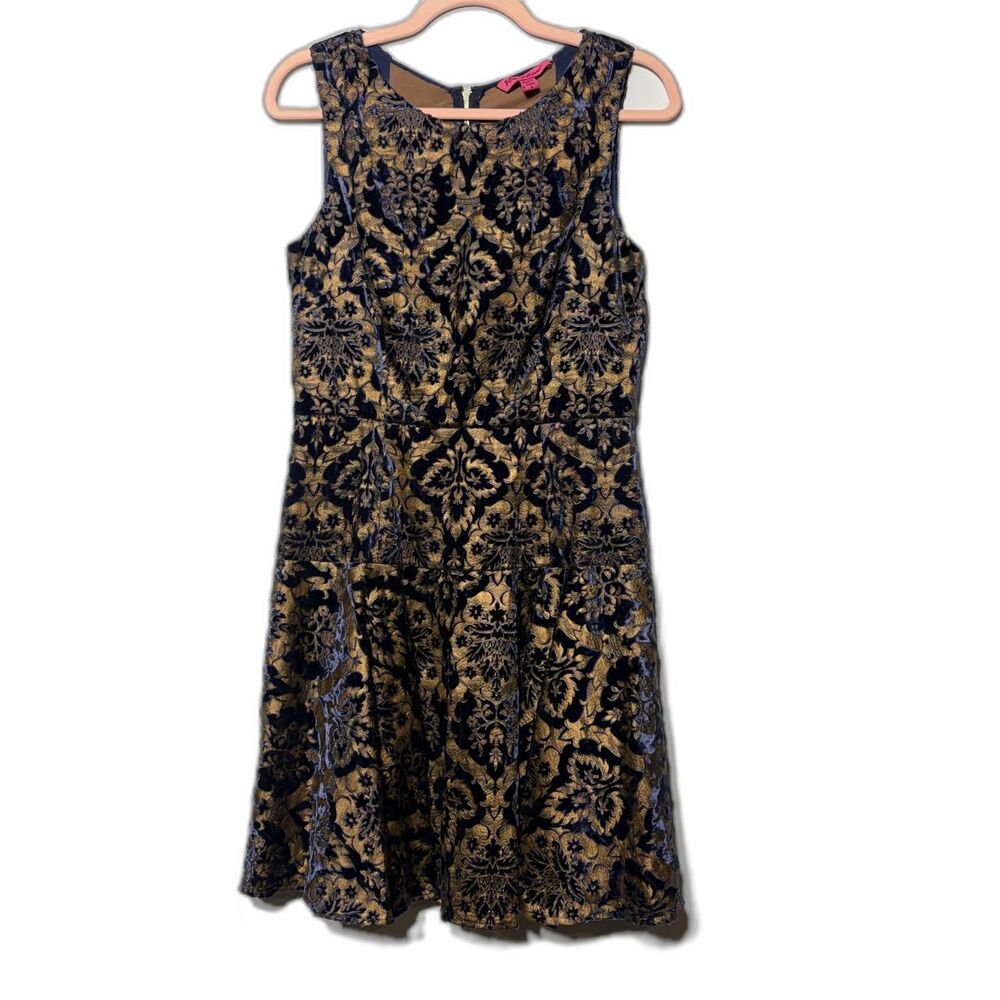 Vintage Y2K Betsey Johnson Blue Gold Floral Brocade Drop Waist Party Dress 8